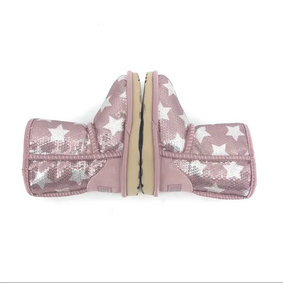 UGG Classic Short II Sequin Star Pink Crystal Boots Youth Size 8 NWT