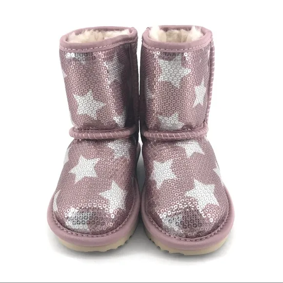UGG Classic Short II Sequin Star Pink Crystal Boots Youth Size 8 NWT