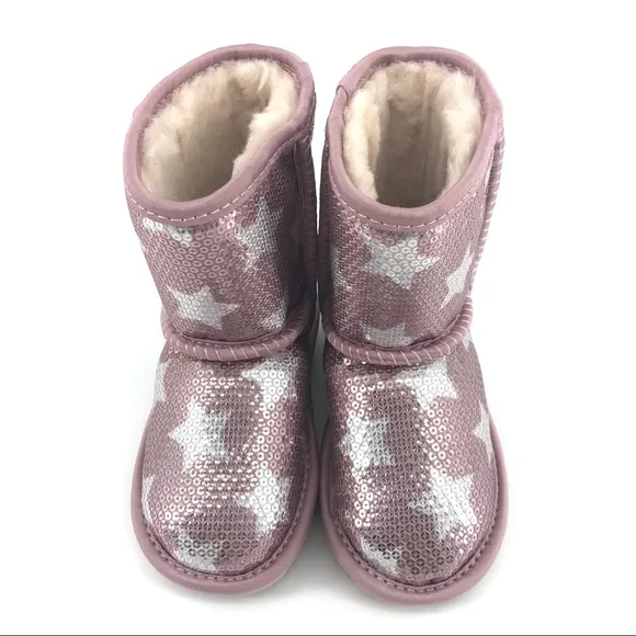UGG Classic Short II Sequin Star Pink Crystal Boots Youth Size 8 NWT