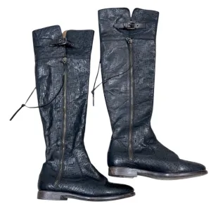 UGG Collection Nicoletta Tall Over the Knee Weave Leather Black Boots Italy 8.5