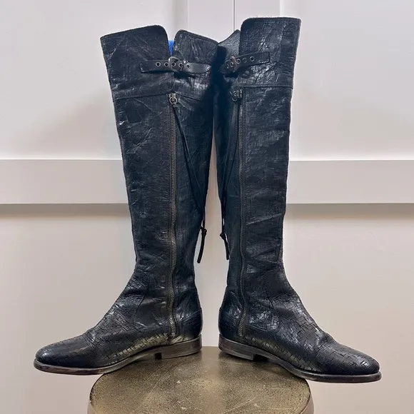 UGG Collection Nicoletta Tall Over the Knee Weave Leather Black Boots Italy 8.5