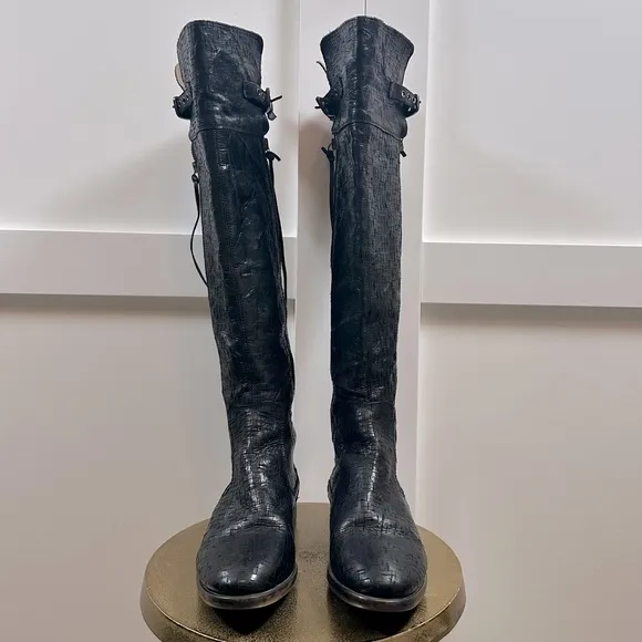UGG Collection Nicoletta Tall Over the Knee Weave Leather Black Boots Italy 8.5