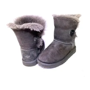 Ugg Girls Bailey Button Gray Short Boots Sheepskin Pull On
