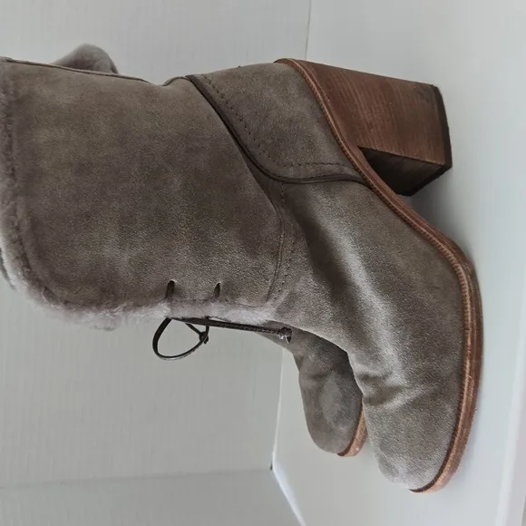 UGG Gray Heeled Boots with Plush Fur Trim