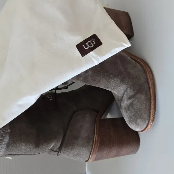 UGG Gray Heeled Boots with Plush Fur Trim