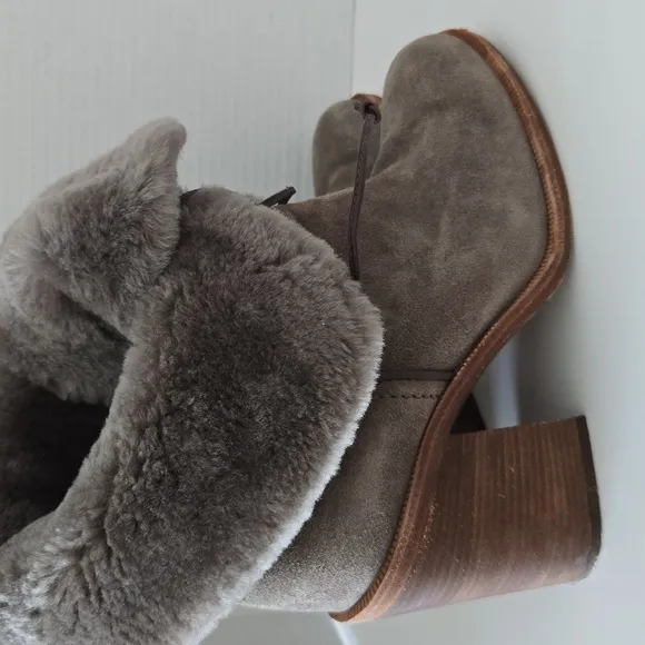 UGG Gray Heeled Boots with Plush Fur Trim