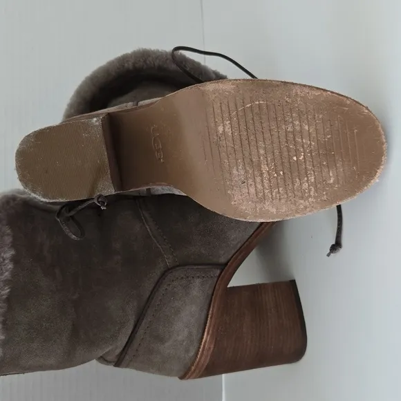 UGG Gray Heeled Boots with Plush Fur Trim