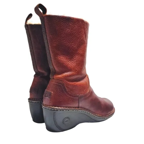 UGG Hartley Mid Calf Burgundy Leather Shearling Lined Boot Women's Size 6