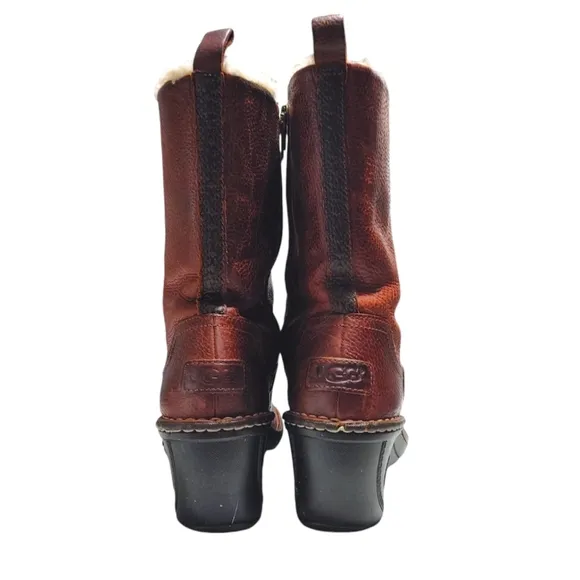 UGG Hartley Mid Calf Burgundy Leather Shearling Lined Boot Women's Size 6