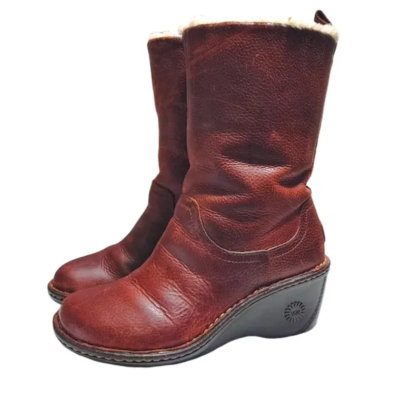 UGG Hartley Mid Calf Burgundy Leather Shearling Lined Boot Women's Size 6