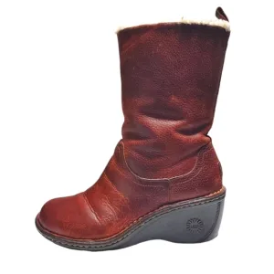 UGG Hartley Mid Calf Burgundy Leather Shearling Lined Boot Women's Size 6