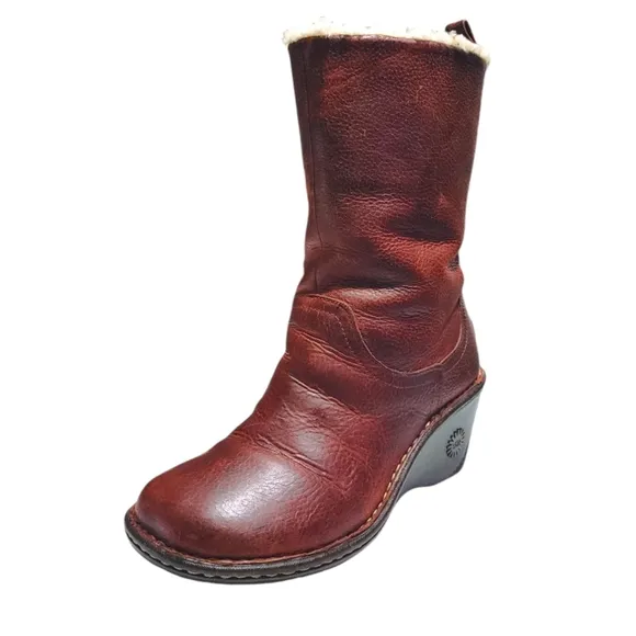 UGG Hartley Mid Calf Burgundy Leather Shearling Lined Boot Women's Size 6