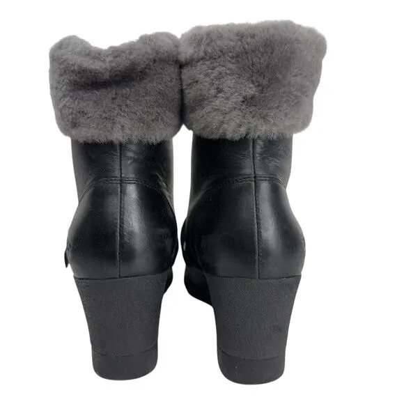 UGG JANNEY Black Wedge Waterproof Leather Faux Fur LinedShort Ankle Boots Size 7
