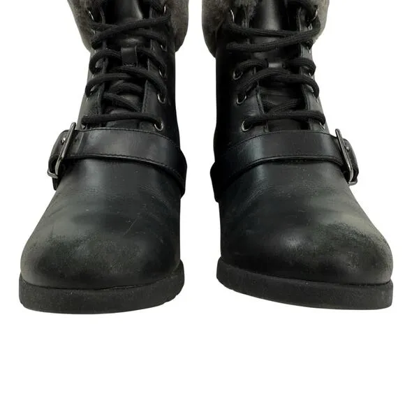 UGG JANNEY Black Wedge Waterproof Leather Faux Fur LinedShort Ankle Boots Size 7