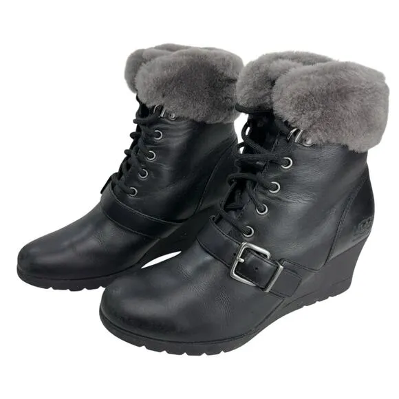 UGG JANNEY Black Wedge Waterproof Leather Faux Fur LinedShort Ankle Boots Size 7