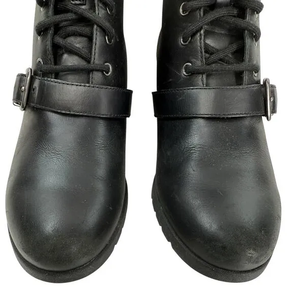 UGG JANNEY Black Wedge Waterproof Leather Faux Fur LinedShort Ankle Boots Size 7