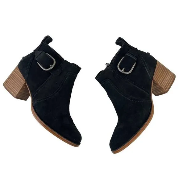 UGG Leahy Black Suede Leather Ankle Boots Stacked Block Heel Booties Size 9