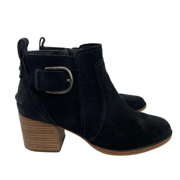 UGG Leahy Black Suede Leather Ankle Boots Stacked Block Heel Booties Size 9