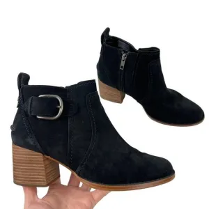 UGG Leahy Black Suede Leather Ankle Boots Stacked Block Heel Booties Size 9