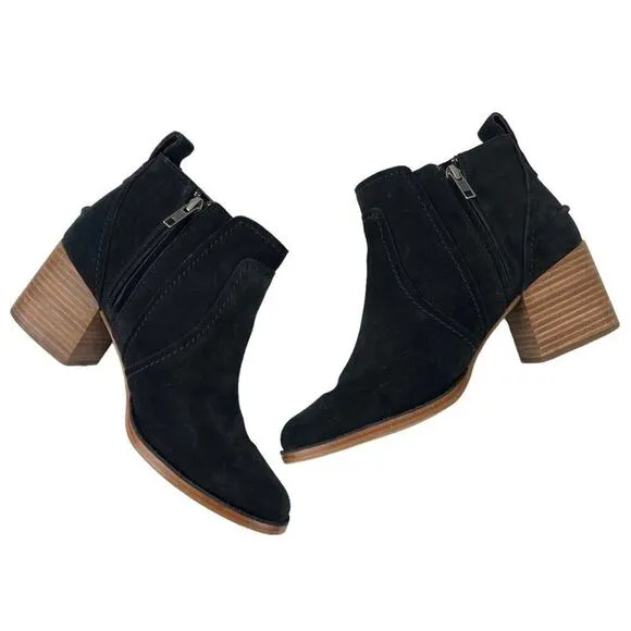 UGG Leahy Black Suede Leather Ankle Boots Stacked Block Heel Booties Size 9