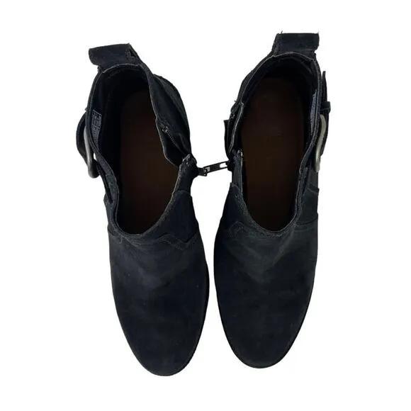 UGG Leahy Black Suede Leather Ankle Boots Stacked Block Heel Booties Size 9