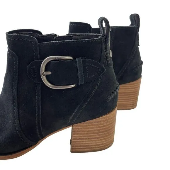 UGG Leahy Black Suede Leather Ankle Boots Stacked Block Heel Booties Size 9