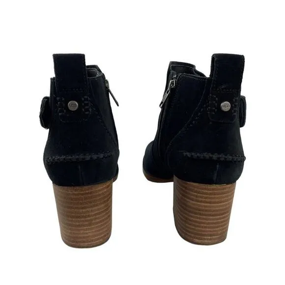 UGG Leahy Black Suede Leather Ankle Boots Stacked Block Heel Booties Size 9