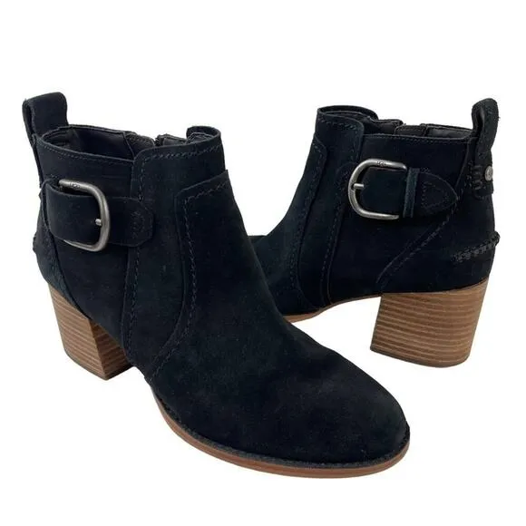 UGG Leahy Black Suede Leather Ankle Boots Stacked Block Heel Booties Size 9