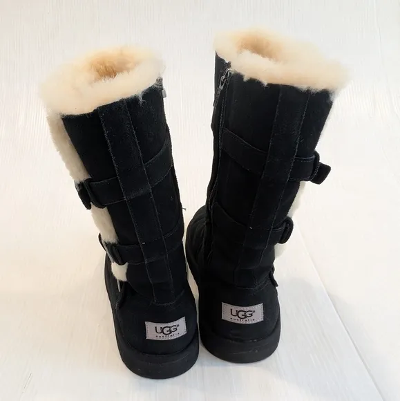 UGG Maddi Big Girl's Tall Black Suede Shearling Buckle Boots