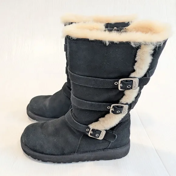 UGG Maddi Big Girl's Tall Black Suede Shearling Buckle Boots