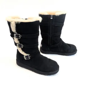 UGG Maddi Big Girl's Tall Black Suede Shearling Buckle Boots