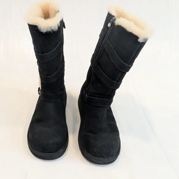 UGG Maddi Big Girl's Tall Black Suede Shearling Buckle Boots