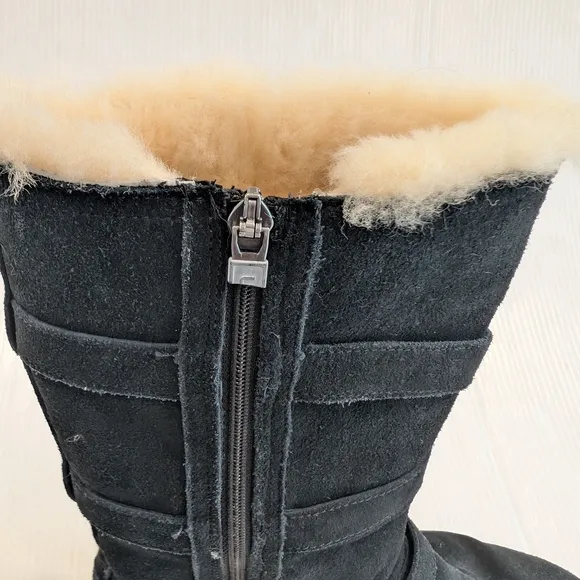 UGG Maddi Big Girl's Tall Black Suede Shearling Buckle Boots