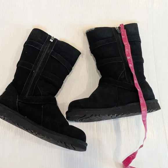 UGG Maddi Big Girl's Tall Black Suede Shearling Buckle Boots