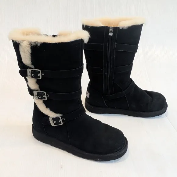 UGG Maddi Big Girl's Tall Black Suede Shearling Buckle Boots