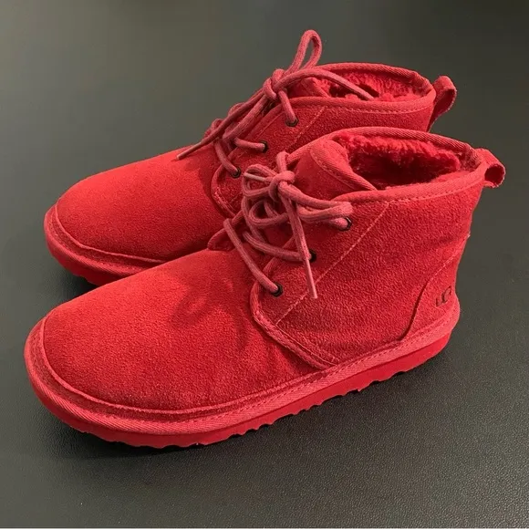 UGG Neumel Lace Up Boots Red Leather Suede Wool Shearling Lined Chukka Boots