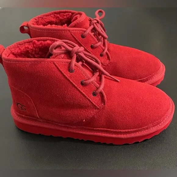 UGG Neumel Lace Up Boots Red Leather Suede Wool Shearling Lined Chukka Boots