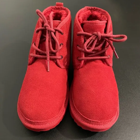 UGG Neumel Lace Up Boots Red Leather Suede Wool Shearling Lined Chukka Boots