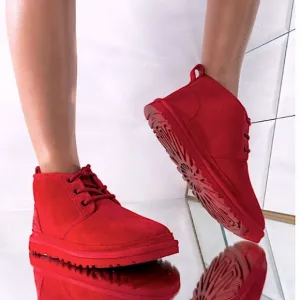 UGG Neumel Lace Up Boots Red Leather Suede Wool Shearling Lined Chukka Boots