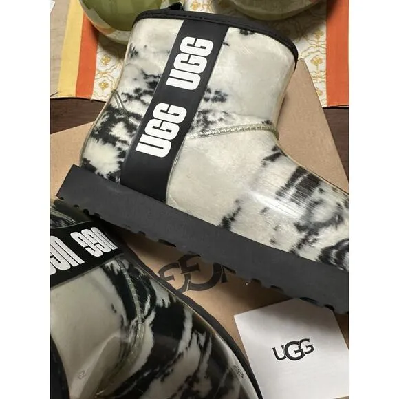 UGG PLUSH Ankle Faux Fur Mini Marble Clear Coated Booties Waterproof 7