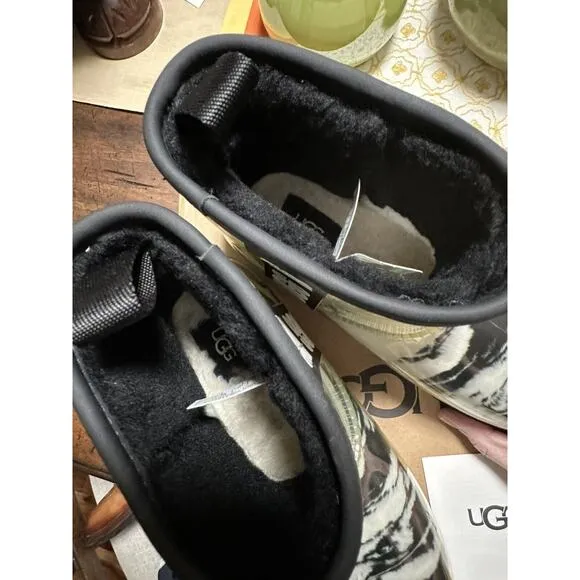 UGG PLUSH Ankle Faux Fur Mini Marble Clear Coated Booties Waterproof 7