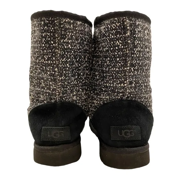 UGG Rare Classic Short Mid-calf Frill Tweed Suede Sheepwool Black Boots Size 7
