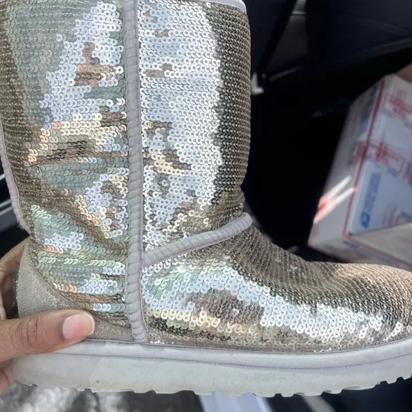 UGG Silver Sequin Boots with Fur Lining
