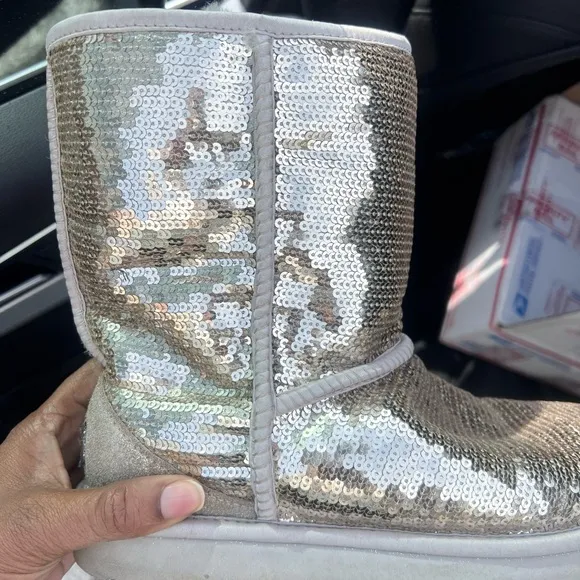 UGG Silver Sequin Boots with Fur Lining
