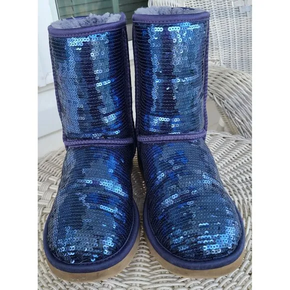 UGG Womens Australia Classic Short Sequin Sparkle Blue Sheepskin Boots 7 US