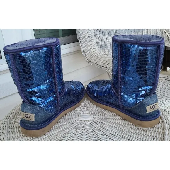UGG Womens Australia Classic Short Sequin Sparkle Blue Sheepskin Boots 7 US