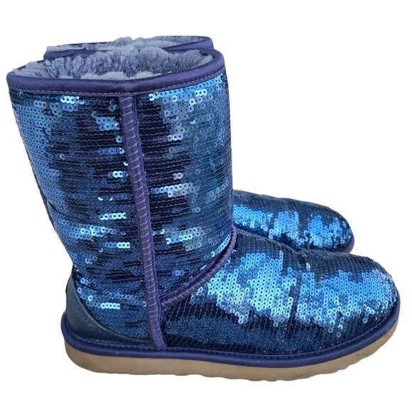 UGG Womens Australia Classic Short Sequin Sparkle Blue Sheepskin Boots 7 US