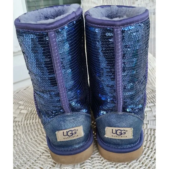 UGG Womens Australia Classic Short Sequin Sparkle Blue Sheepskin Boots 7 US