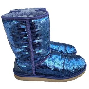 UGG Womens Australia Classic Short Sequin Sparkle Blue Sheepskin Boots 7 US