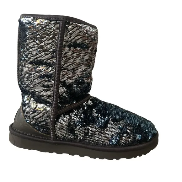 Ugg Women’s Boots 1002978 Midnight Blue Silver Sequin Classic Short Boots Sz 7